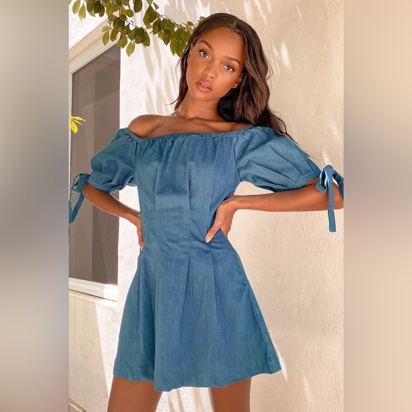 Denim Off-the-Shoulder Mini Dress - Picture 1 of 6